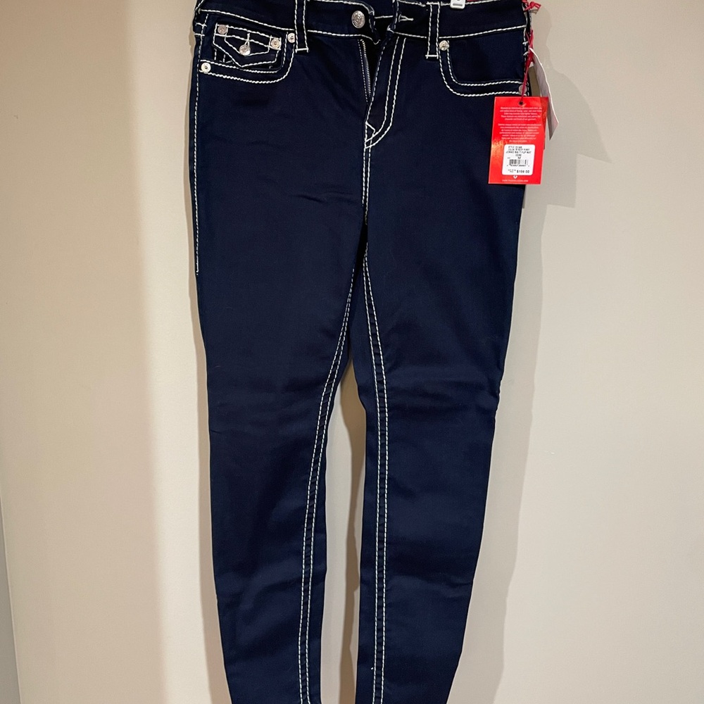 True Religion Dark Blue Skinny Jeans with White Stitching
